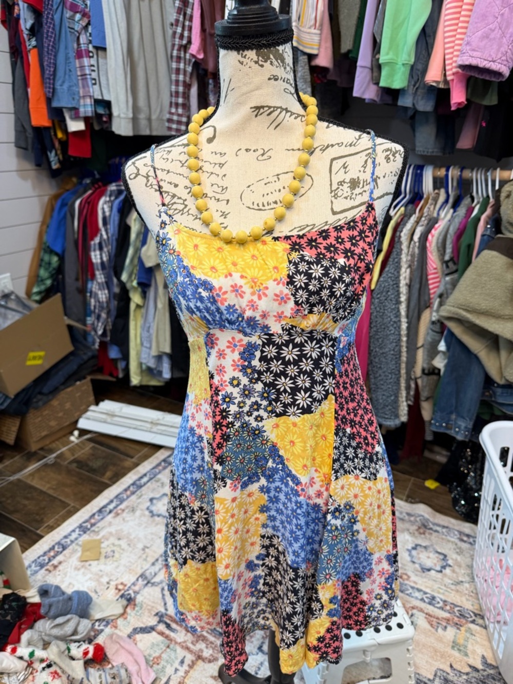 Patchwork Floral Spaghetti-Strap Dress in Yellow, Blue & Black Forever 21